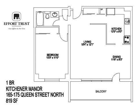 Floor plan for 1 bed, 1 bath, 700 sqft